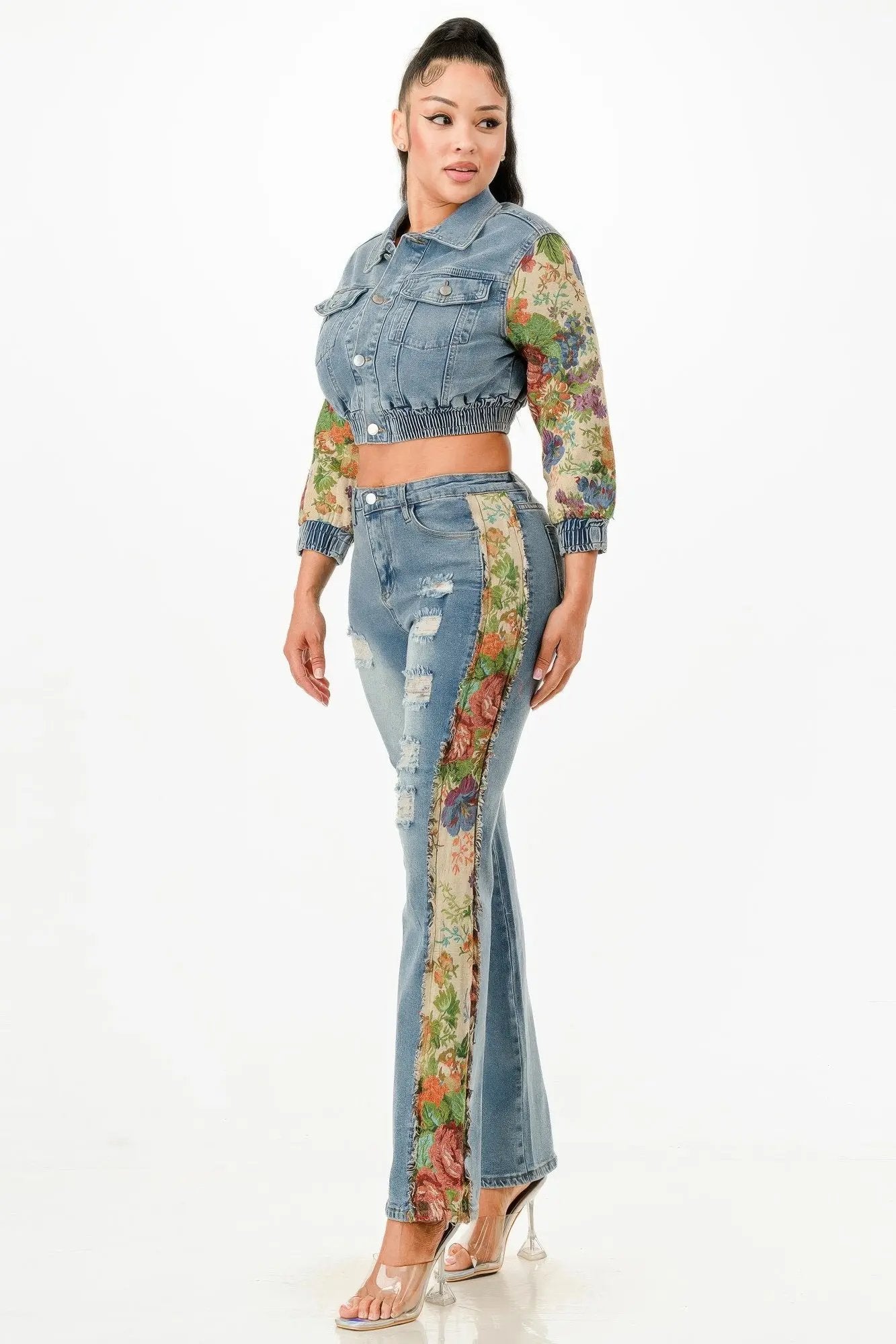 Tapestry Contrast Denim Set - DressAffection