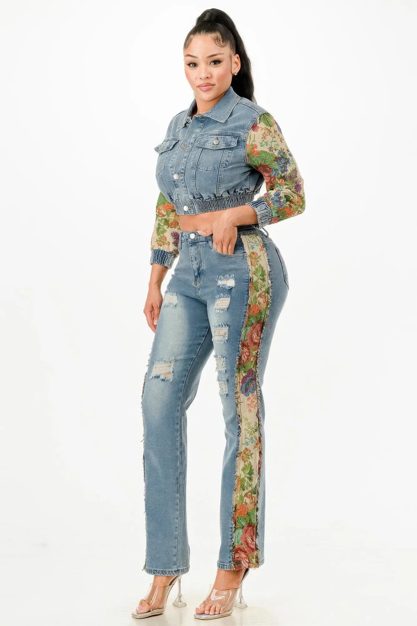 Tapestry Contrast Denim Set - DressAffection