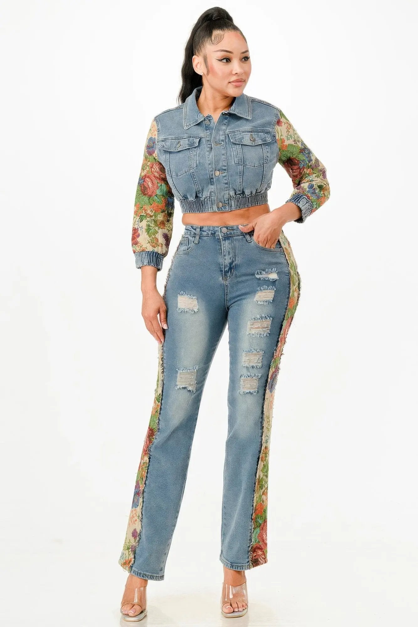 Tapestry Contrast Denim Set - DressAffection