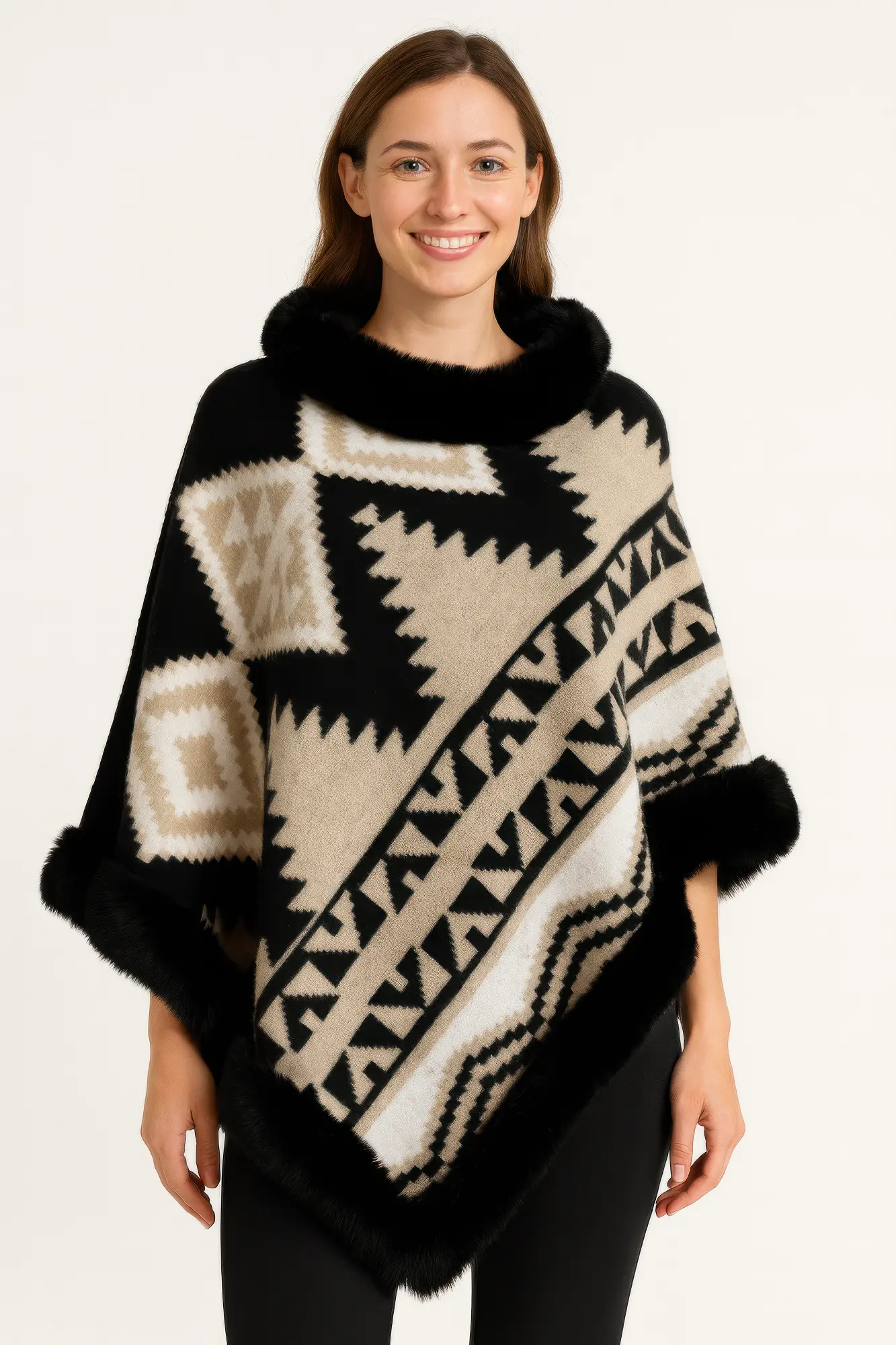 Tribal Luxe Faux Fur Trim Poncho - DressAffection