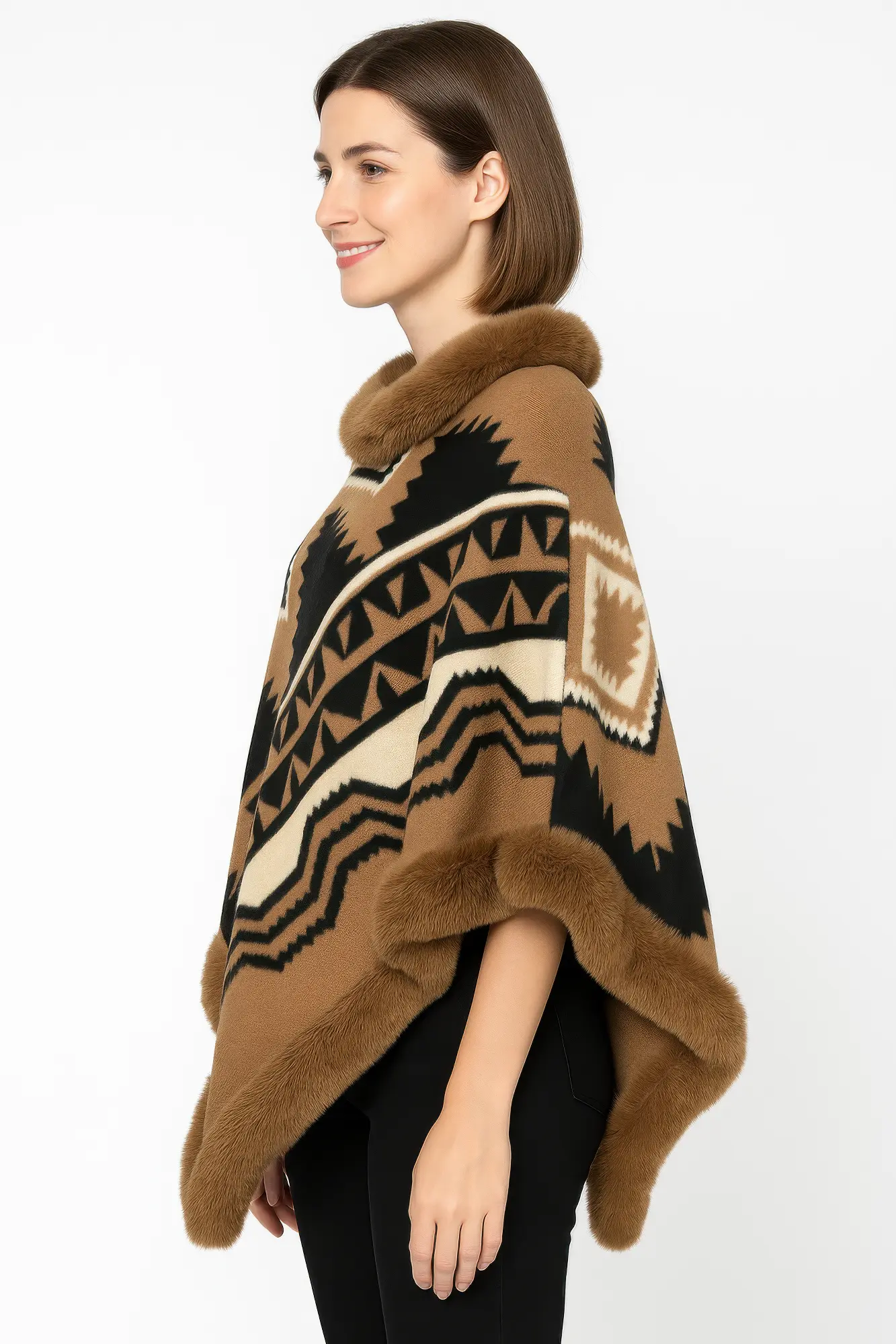 Tribal Luxe Faux Fur Trim Poncho - DressAffection