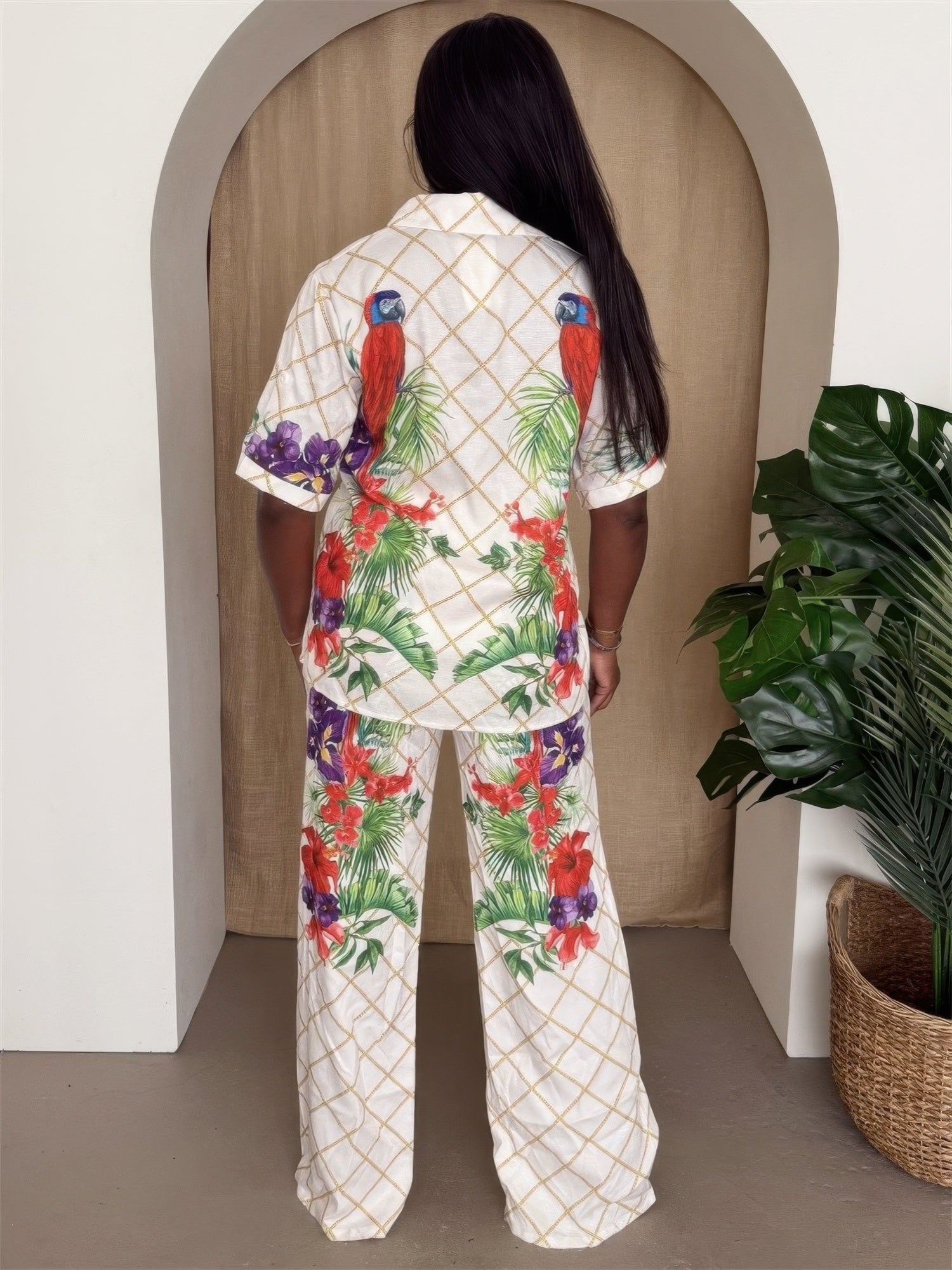 Tropical Parrot Print Shirt & Pant Set - DressAffection