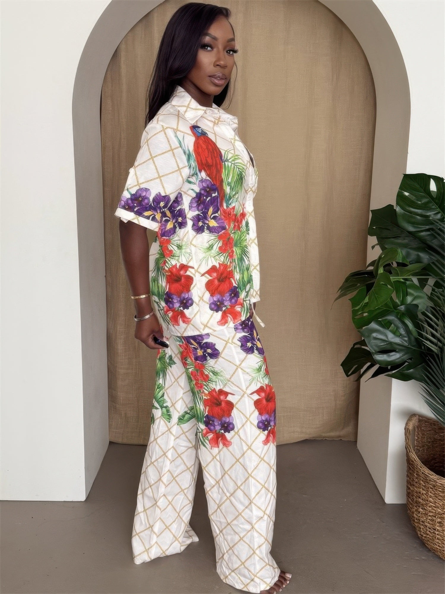 Tropical Parrot Print Shirt & Pant Set - DressAffection