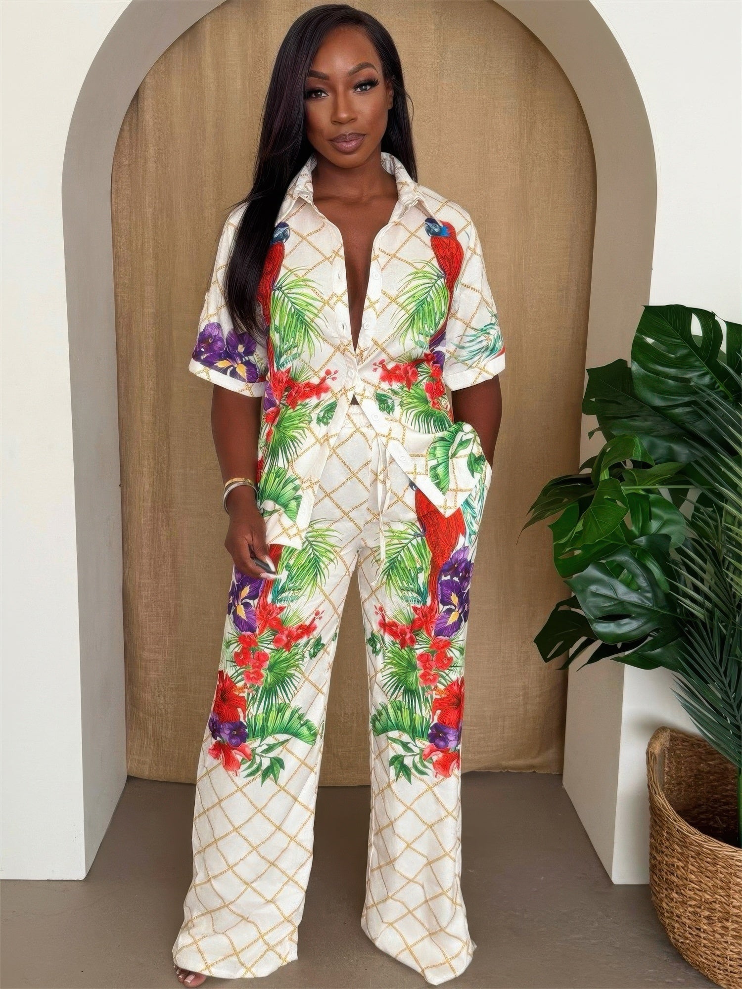 Tropical Parrot Print Shirt & Pant Set - DressAffection