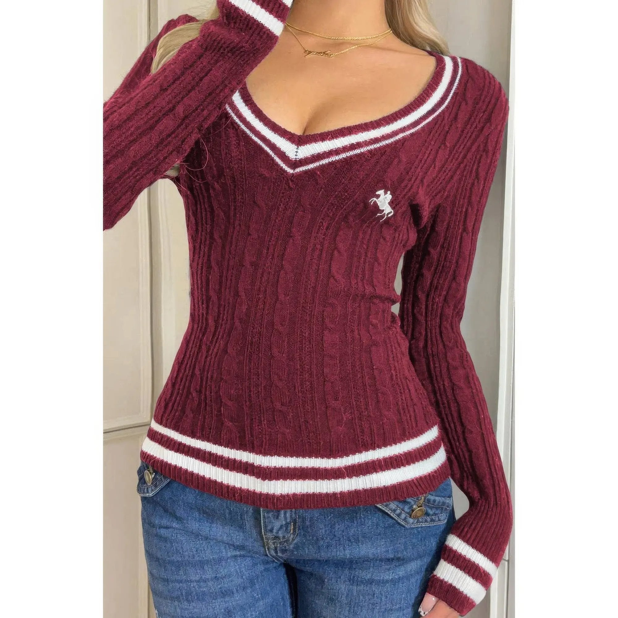 V Neck Cable Knit Long Sleeve Fit Sweater - DressAffection