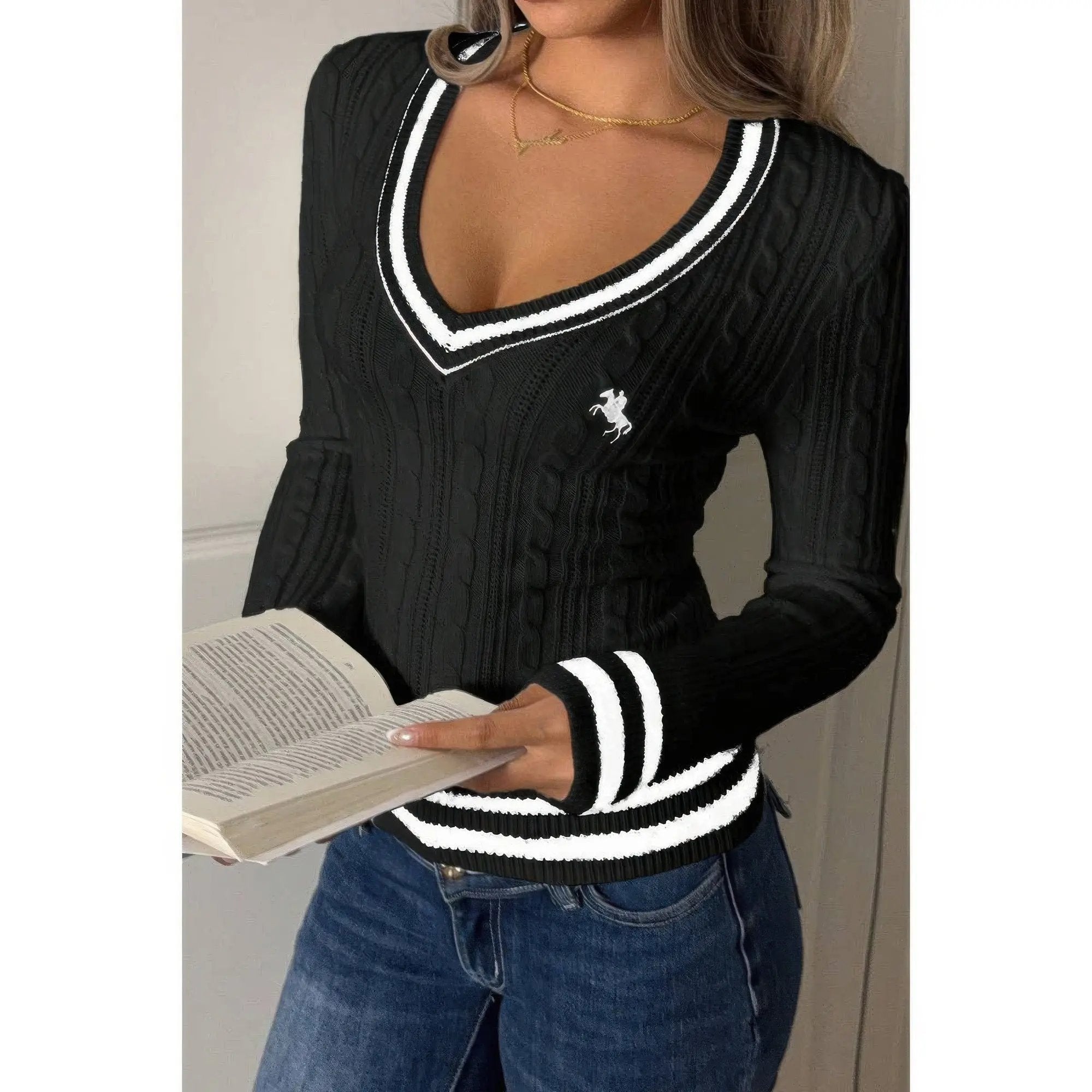 V Neck Cable Knit Long Sleeve Fit Sweater - DressAffection