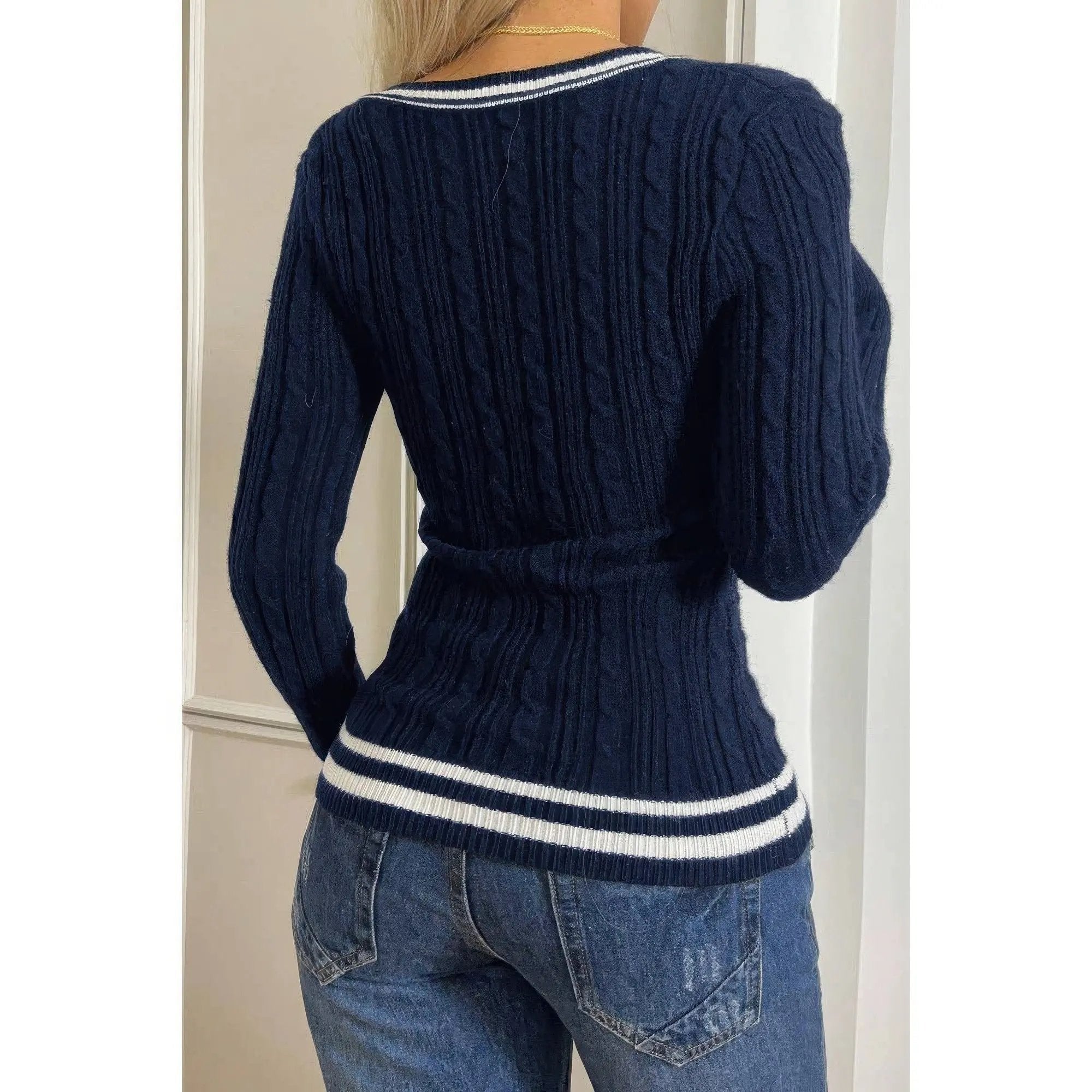 V Neck Cable Knit Long Sleeve Fit Sweater - DressAffection