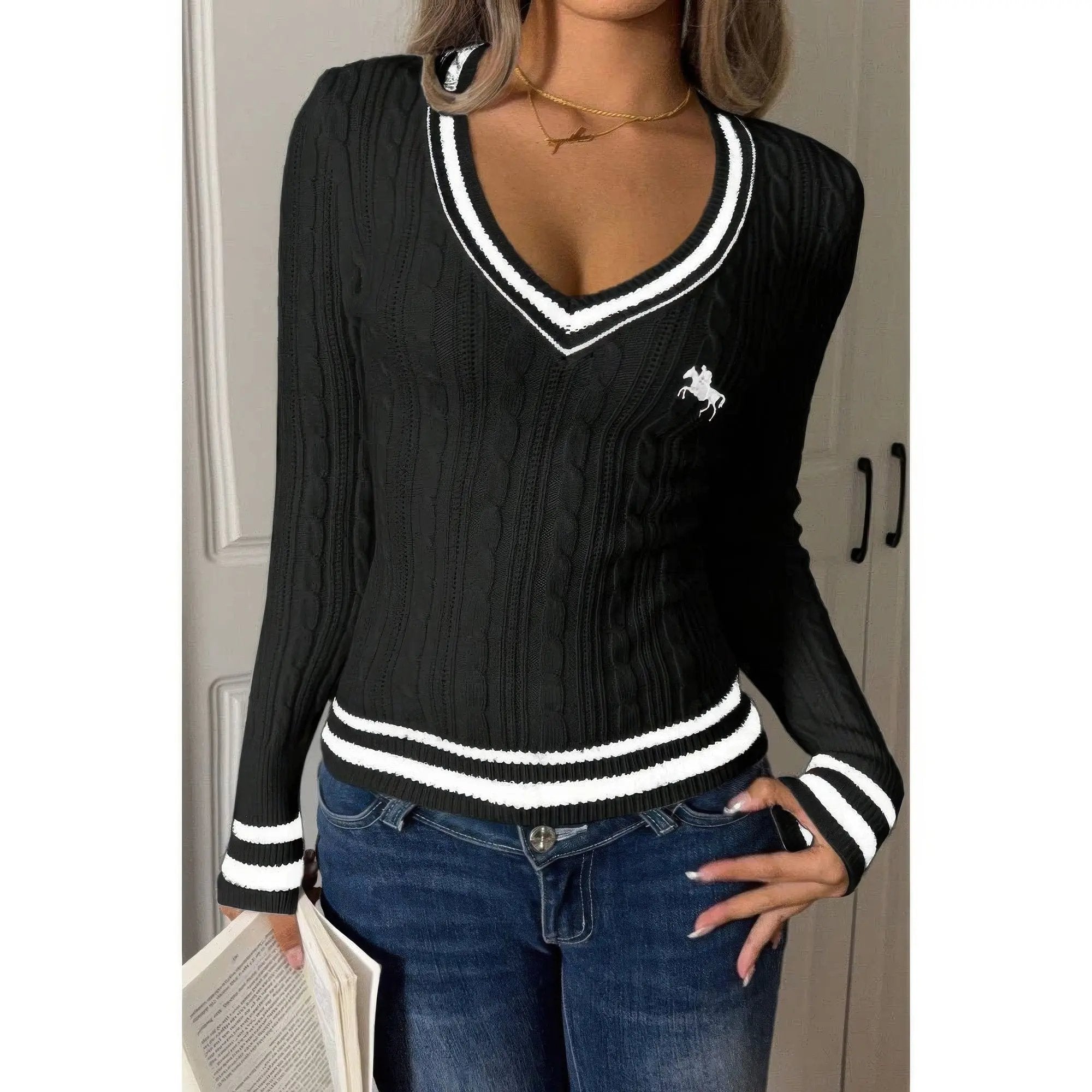 V Neck Cable Knit Long Sleeve Fit Sweater - DressAffection