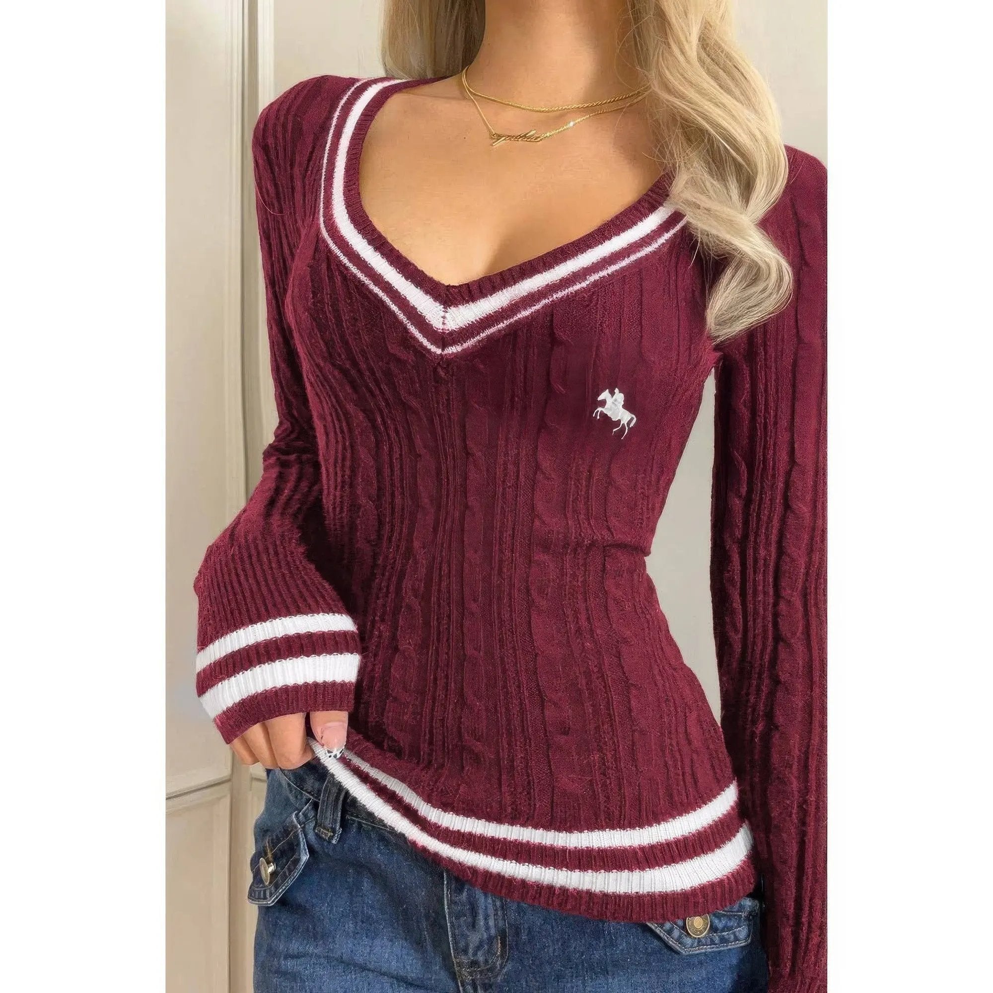 V Neck Cable Knit Long Sleeve Fit Sweater - DressAffection