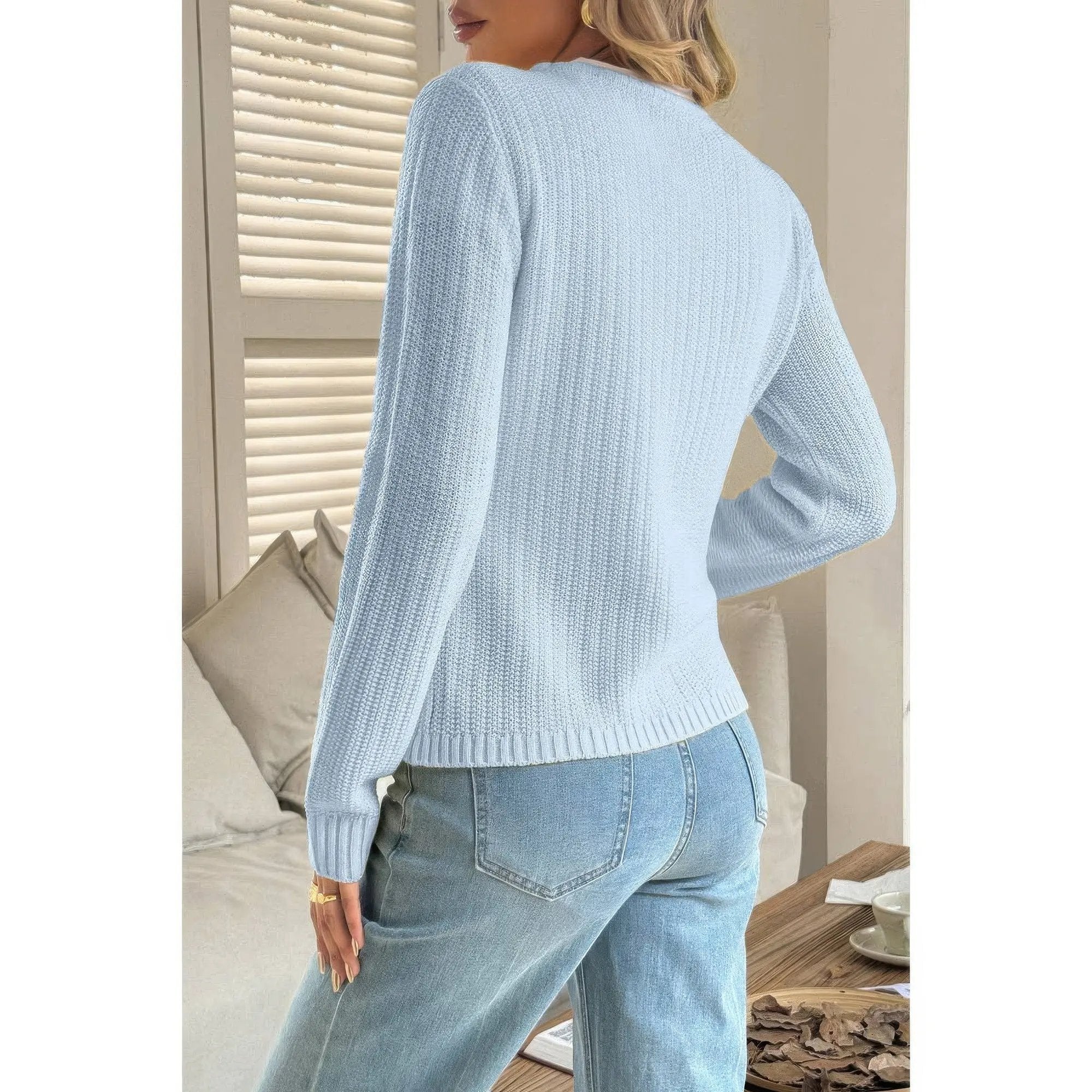 V Neck Cropped Long Sleeve Texture Knit Sweater - DressAffection