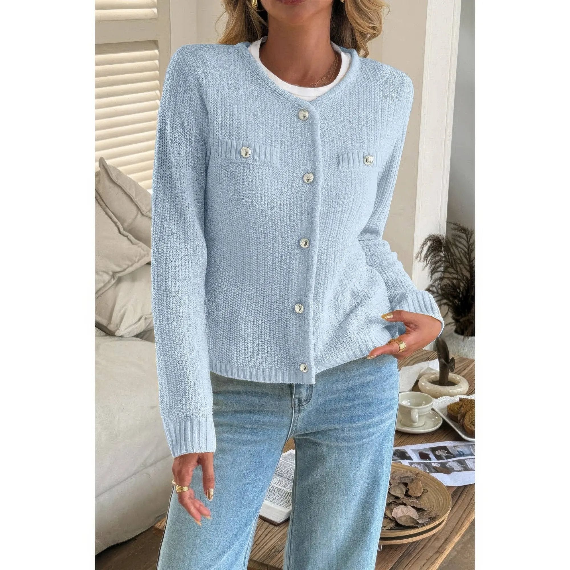 V Neck Cropped Long Sleeve Texture Knit Sweater - DressAffection