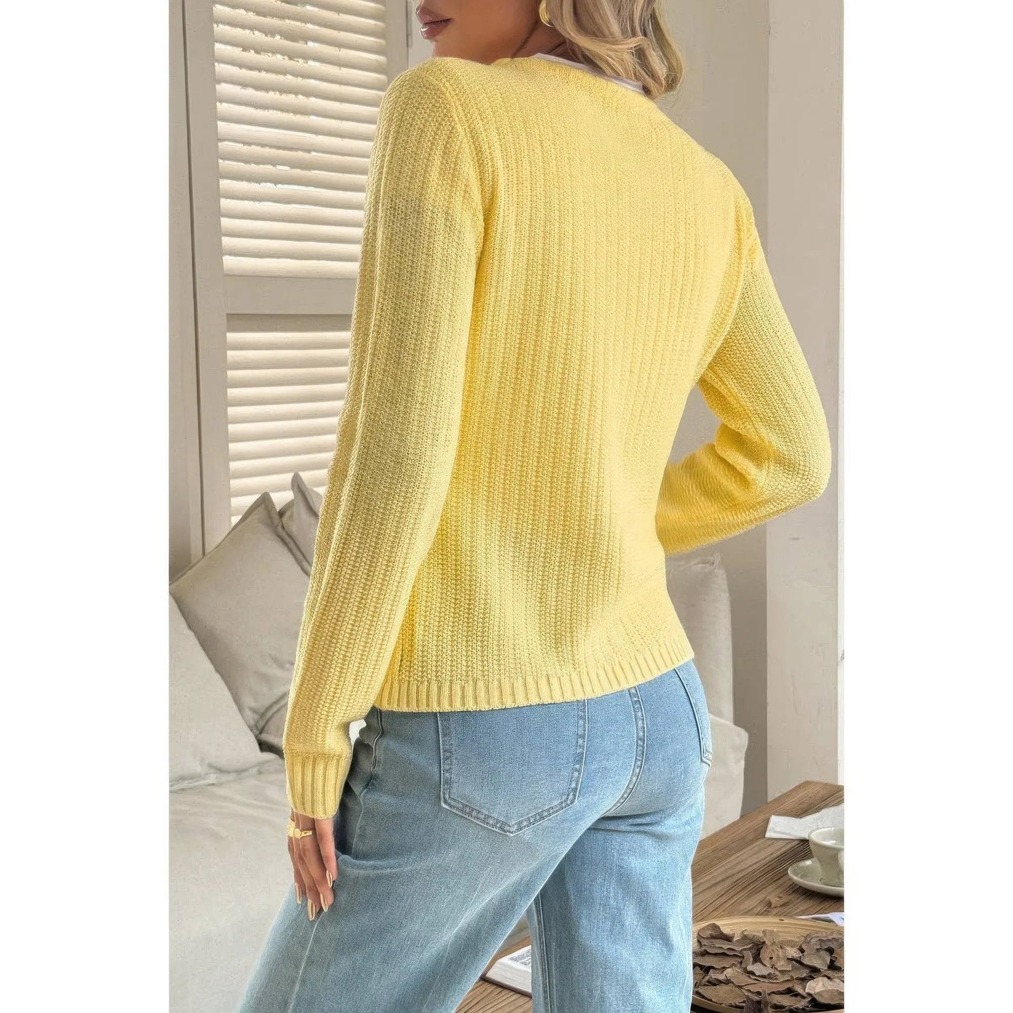 V Neck Cropped Long Sleeve Texture Knit Sweater - DressAffection
