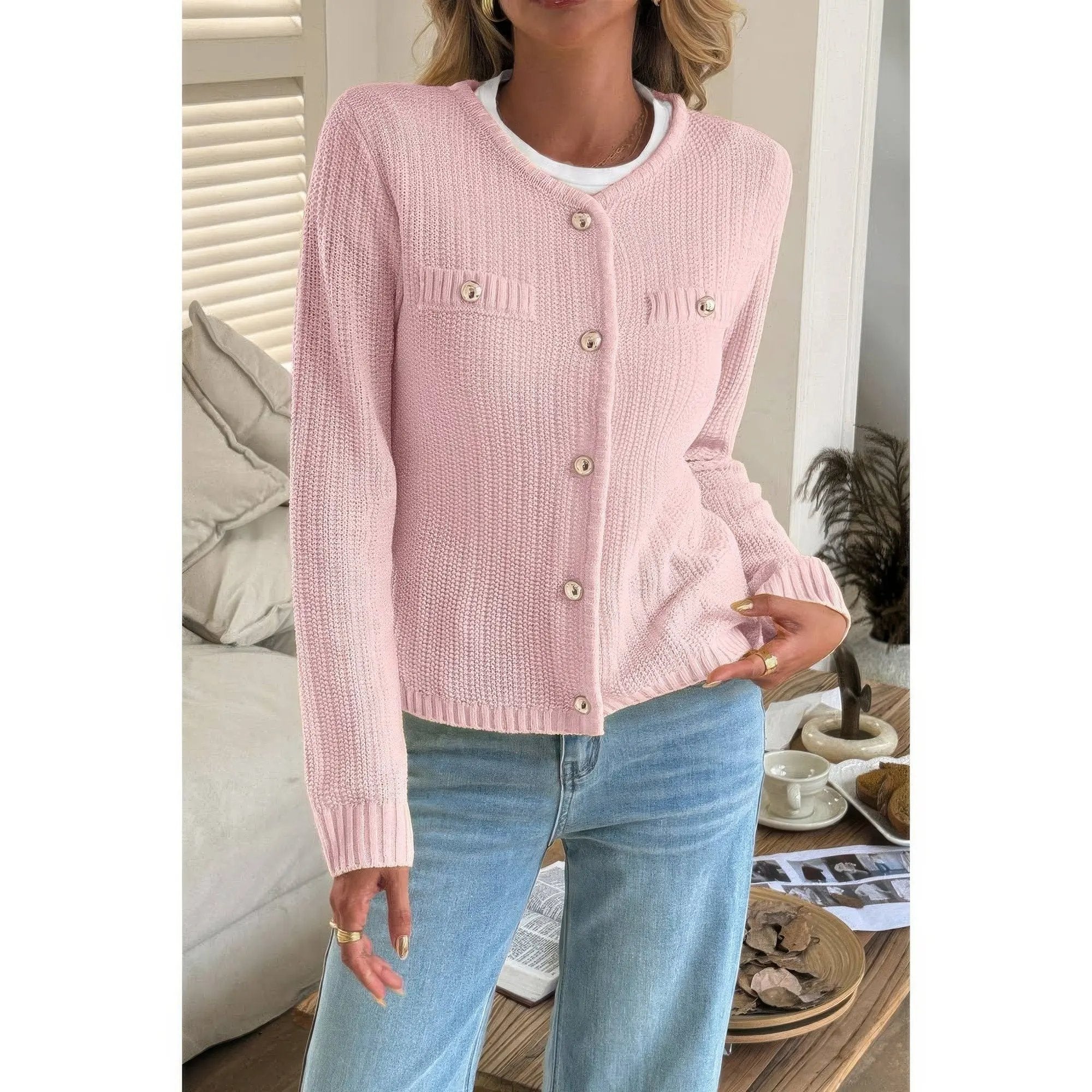 V Neck Cropped Long Sleeve Texture Knit Sweater - DressAffection