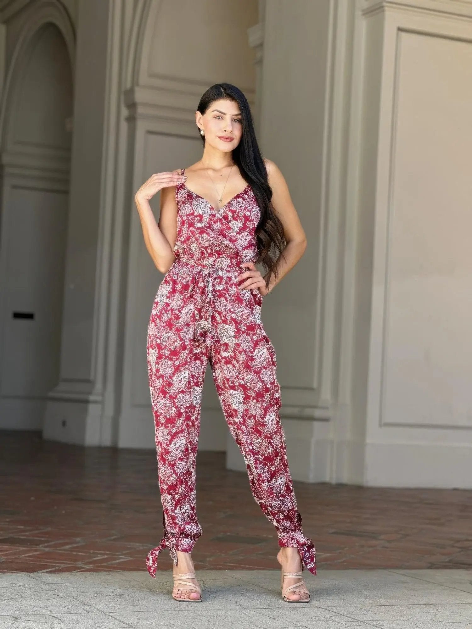 V Neck Sleeveless Paisley Jumpsuit With Tie Waist - DressAffection