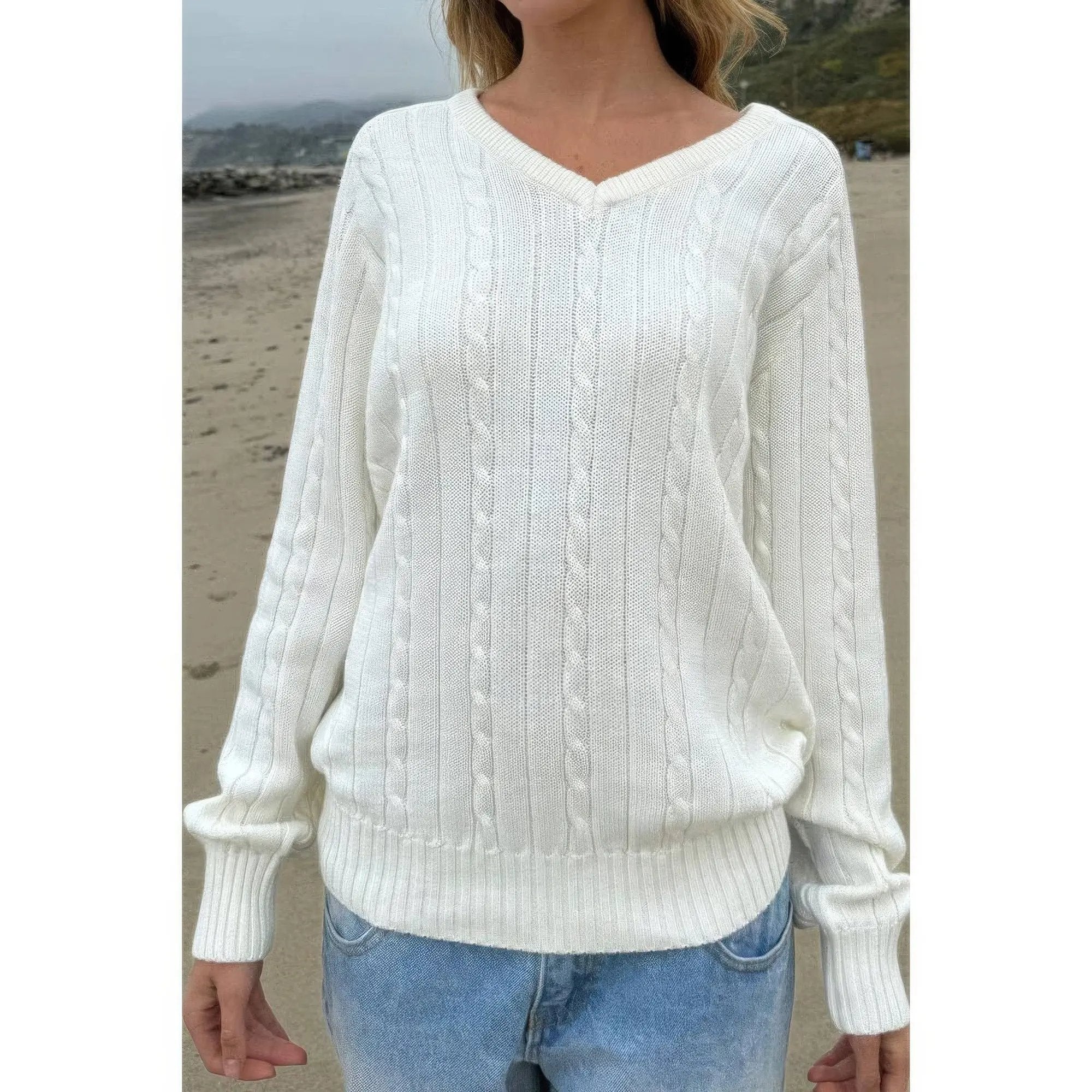 V Neck Solid Long Sleeves Cable Knit Sweater - DressAffection