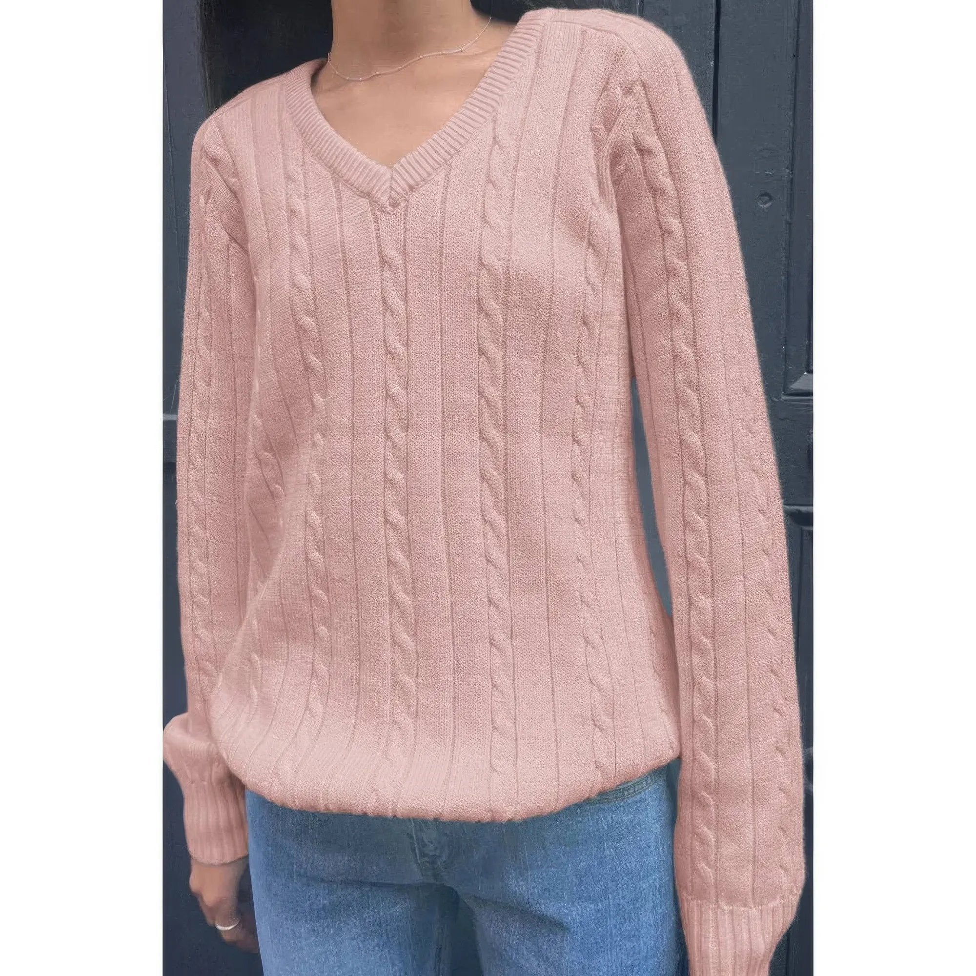 V Neck Solid Long Sleeves Cable Knit Sweater - DressAffection