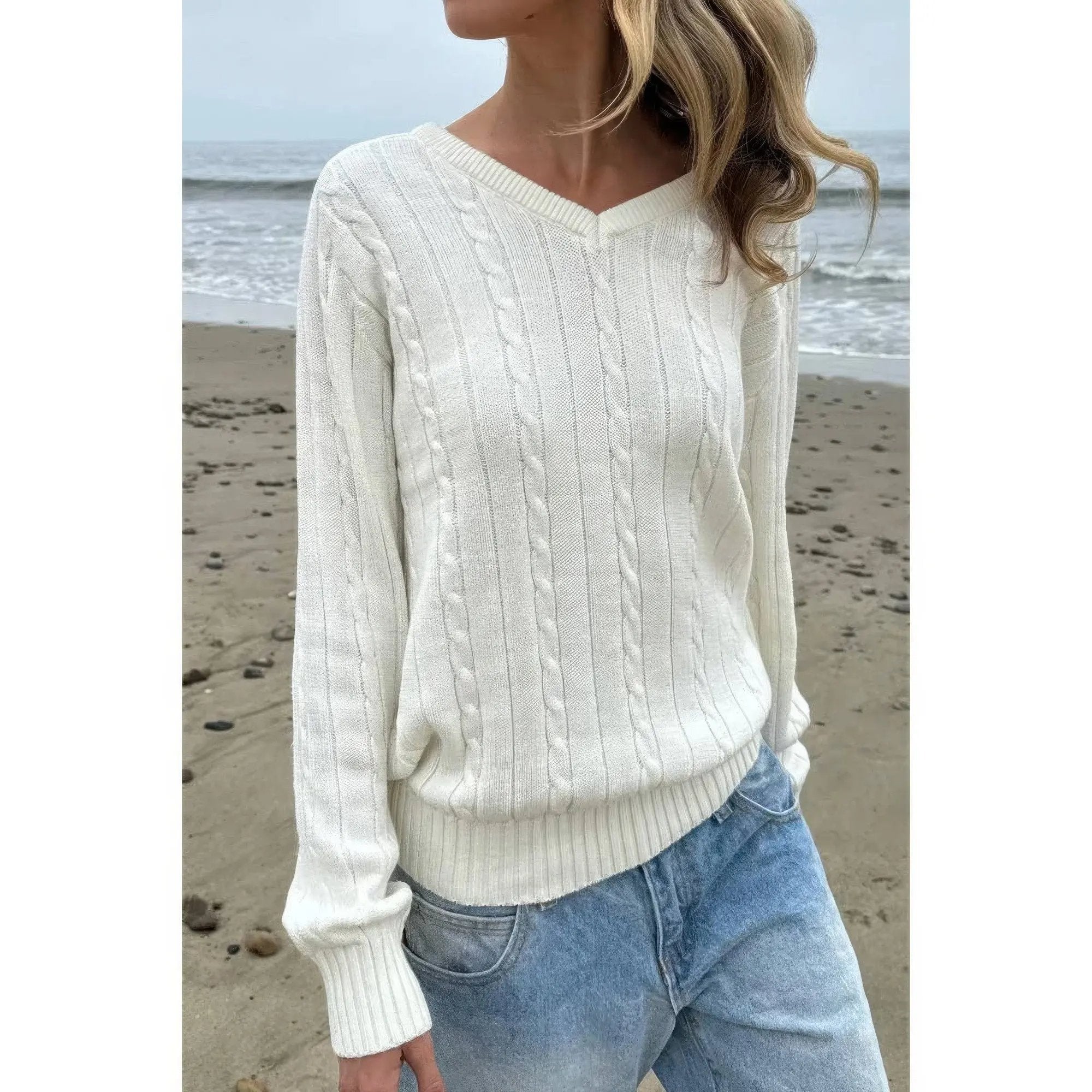 V Neck Solid Long Sleeves Cable Knit Sweater - DressAffection