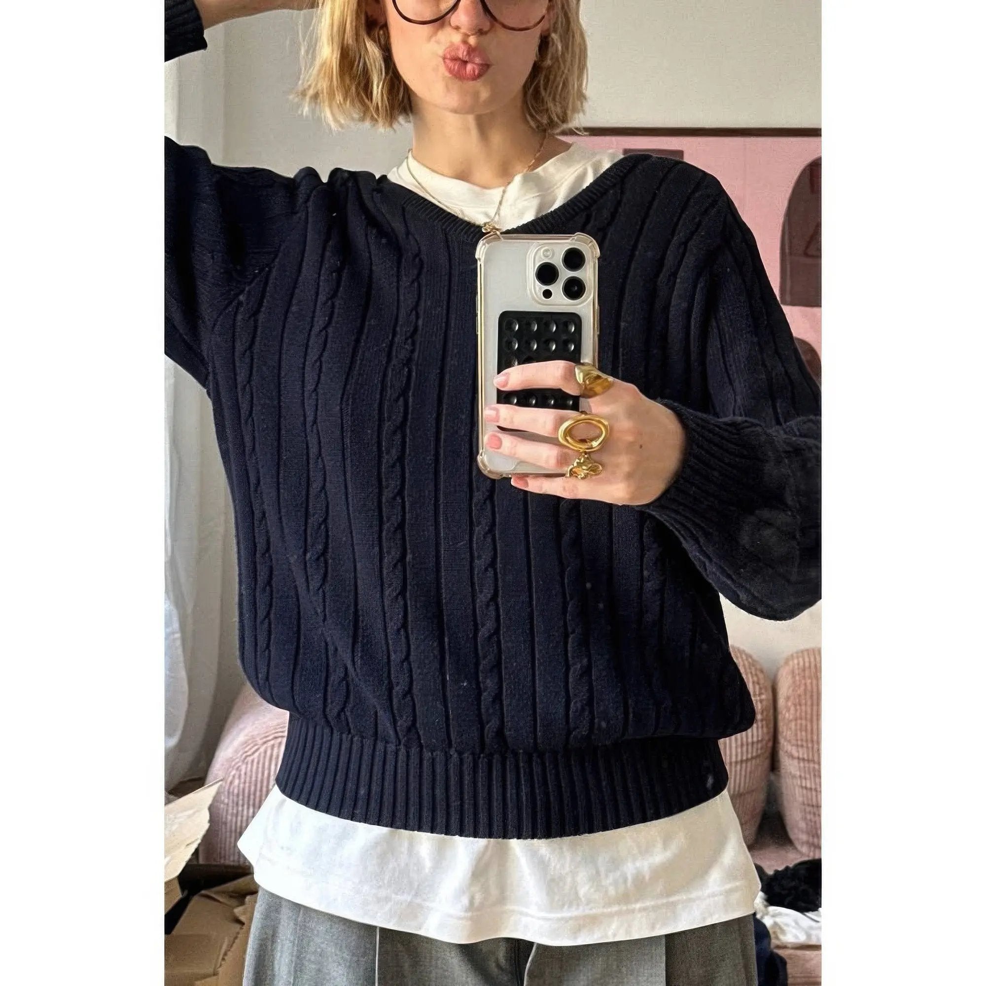 V Neck Solid Long Sleeves Cable Knit Sweater - DressAffection