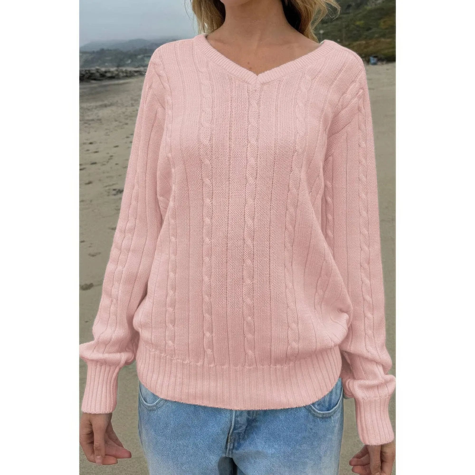 V Neck Solid Long Sleeves Cable Knit Sweater - DressAffection