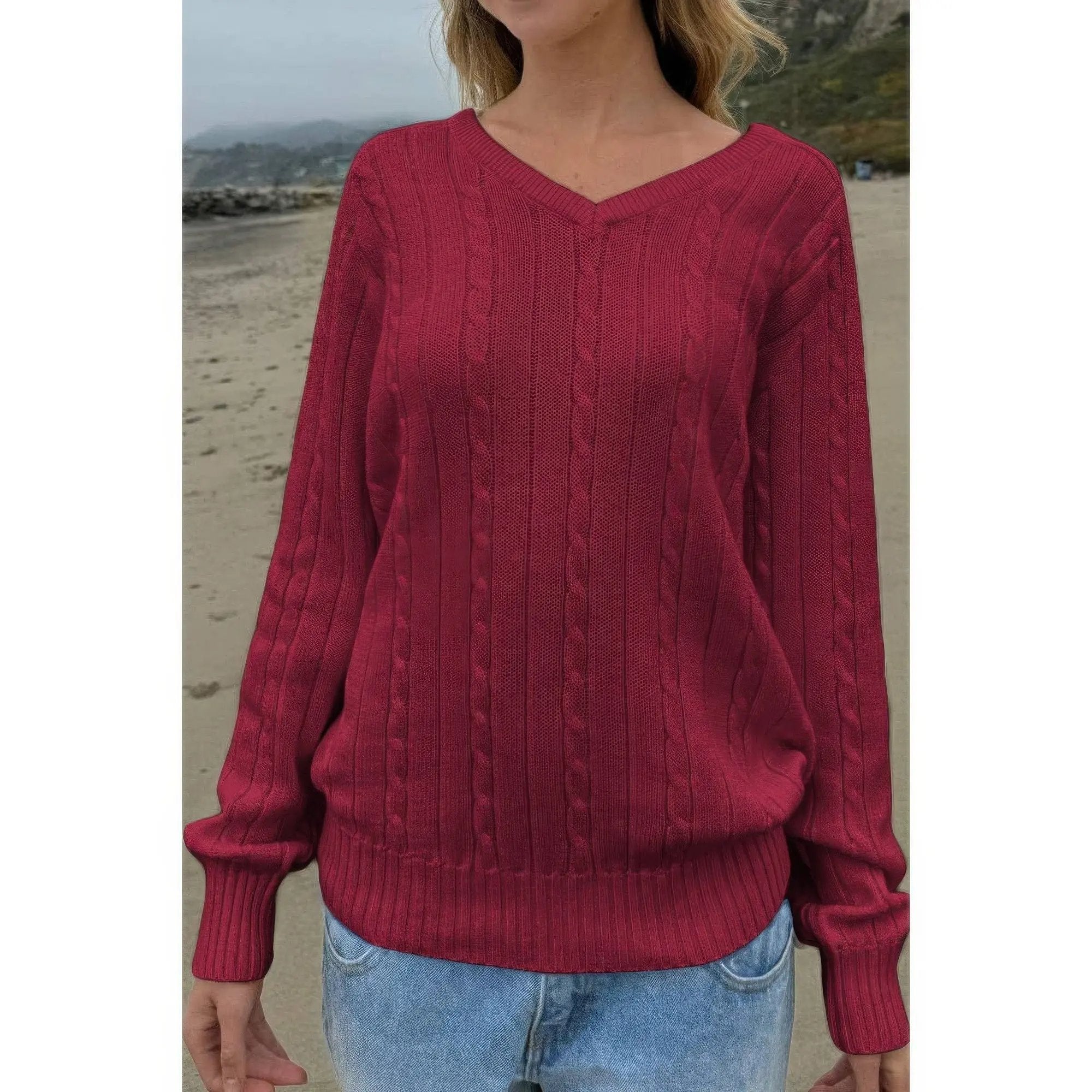 V Neck Solid Long Sleeves Cable Knit Sweater - DressAffection