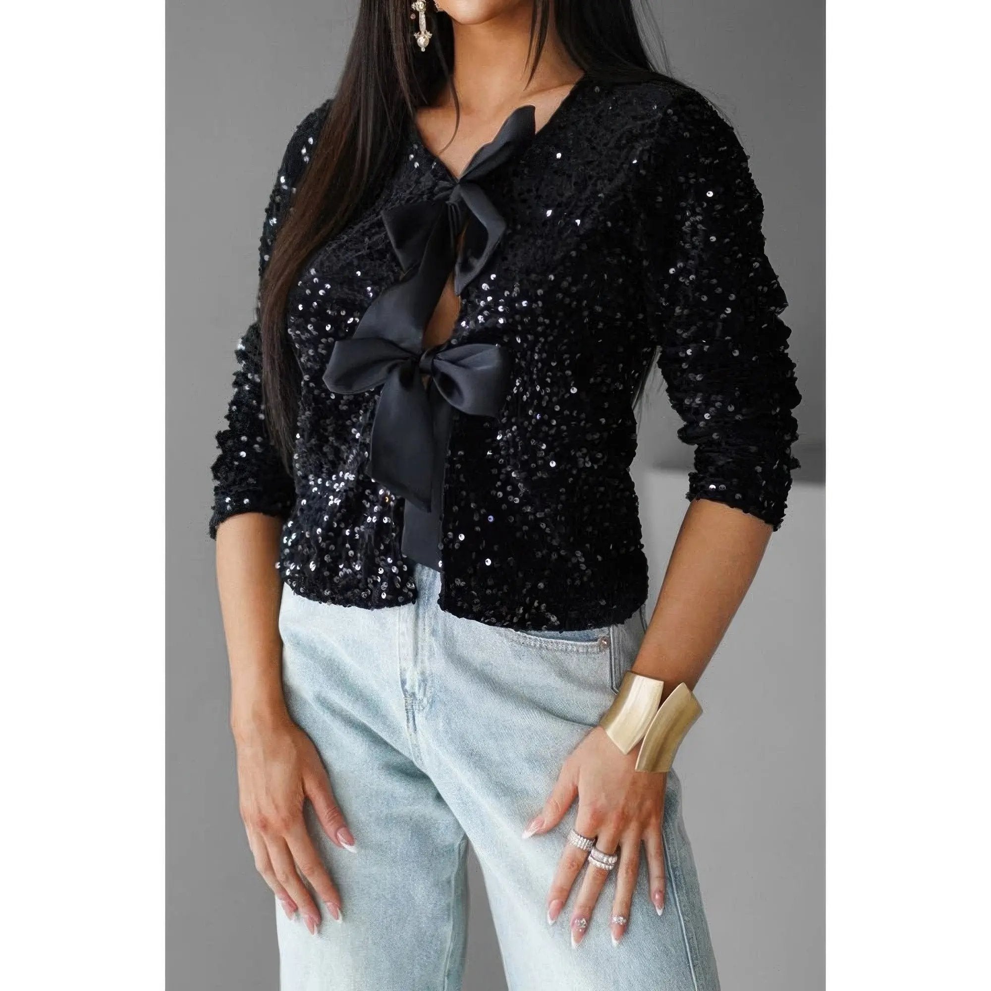 V Neck Sparkly Bolero Cropped Tie Front Jacket - DressAffection