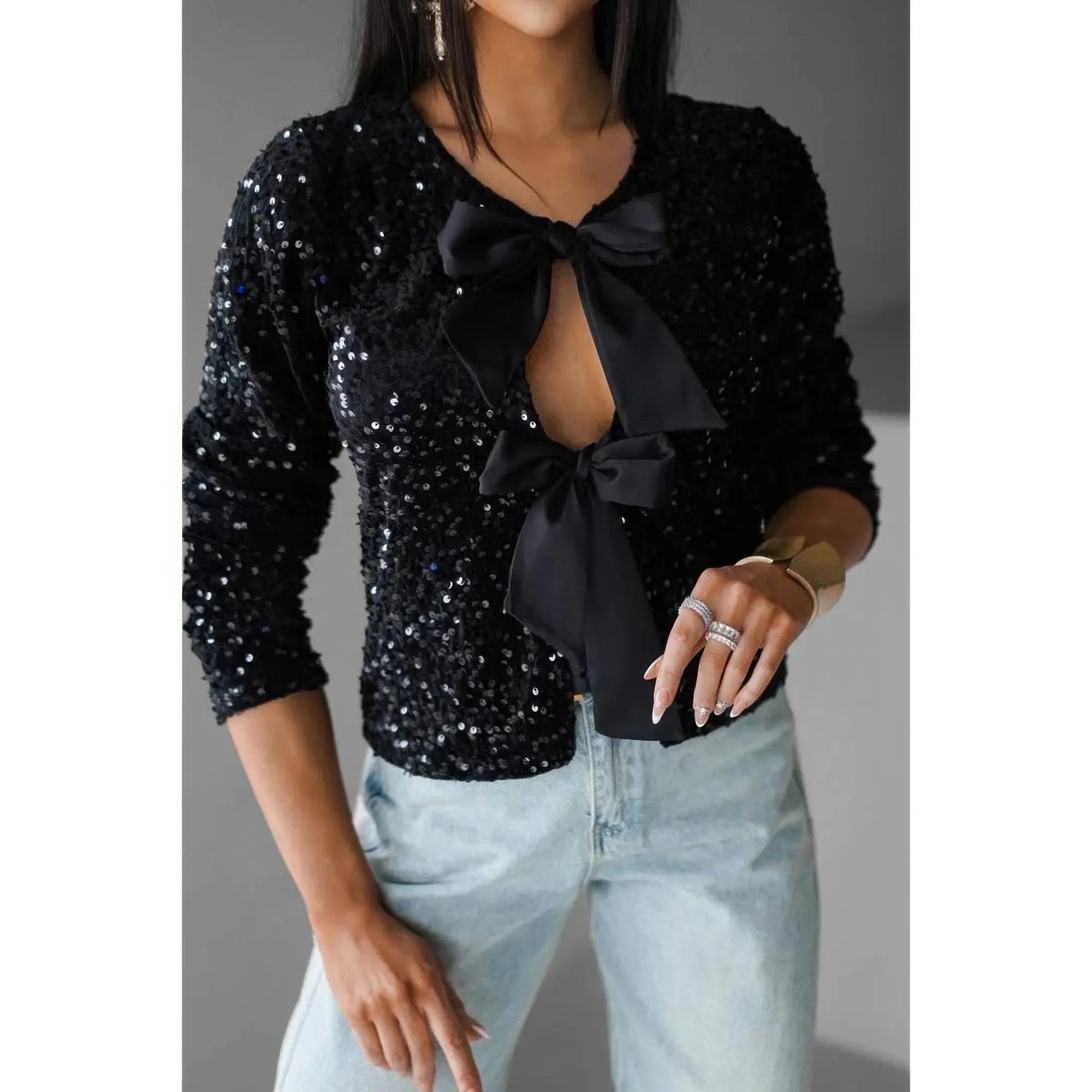 V Neck Sparkly Bolero Cropped Tie Front Jacket - DressAffection