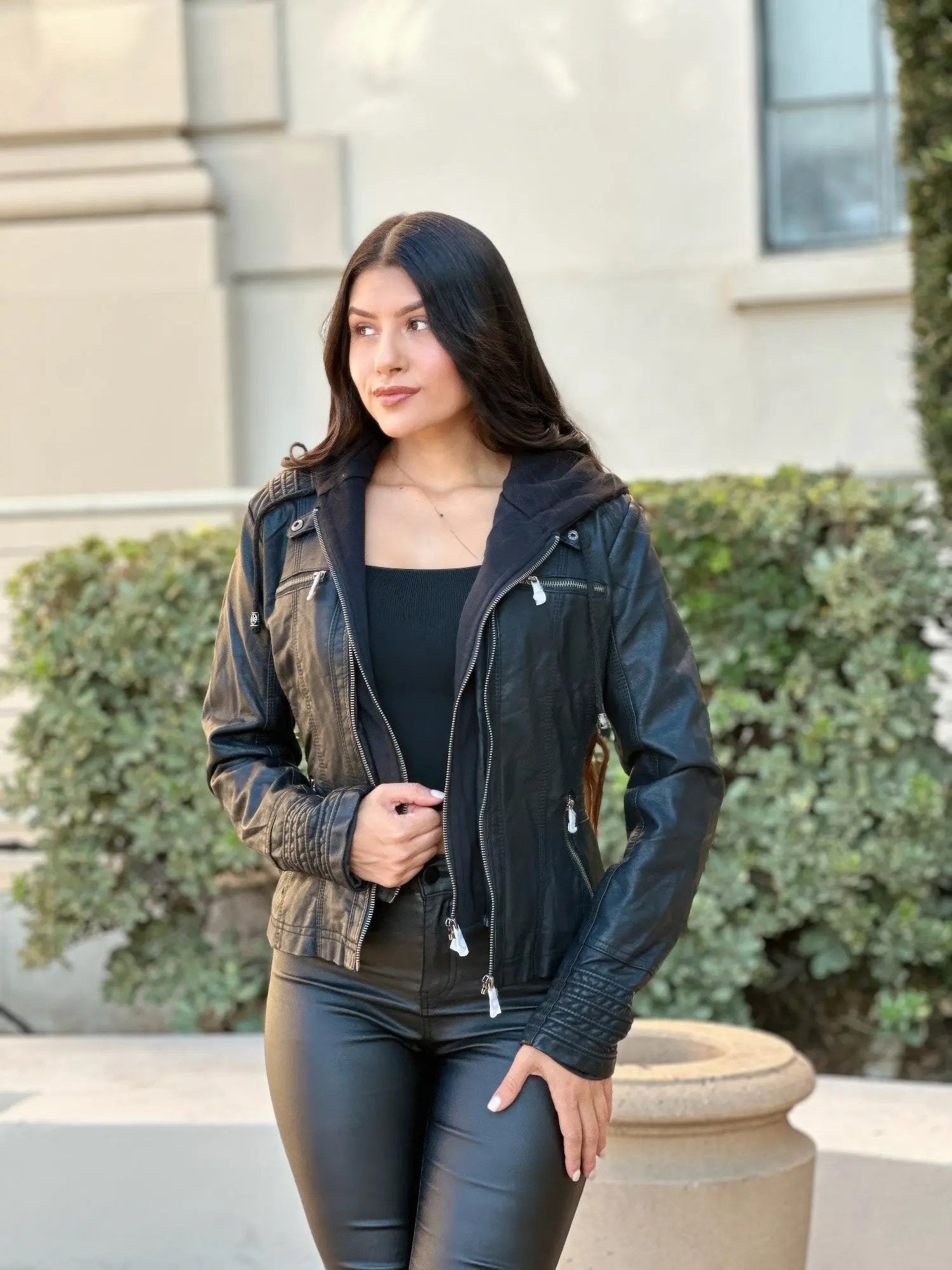 Woman Fashion Hooded Faux Leather Jacket - DressAffection