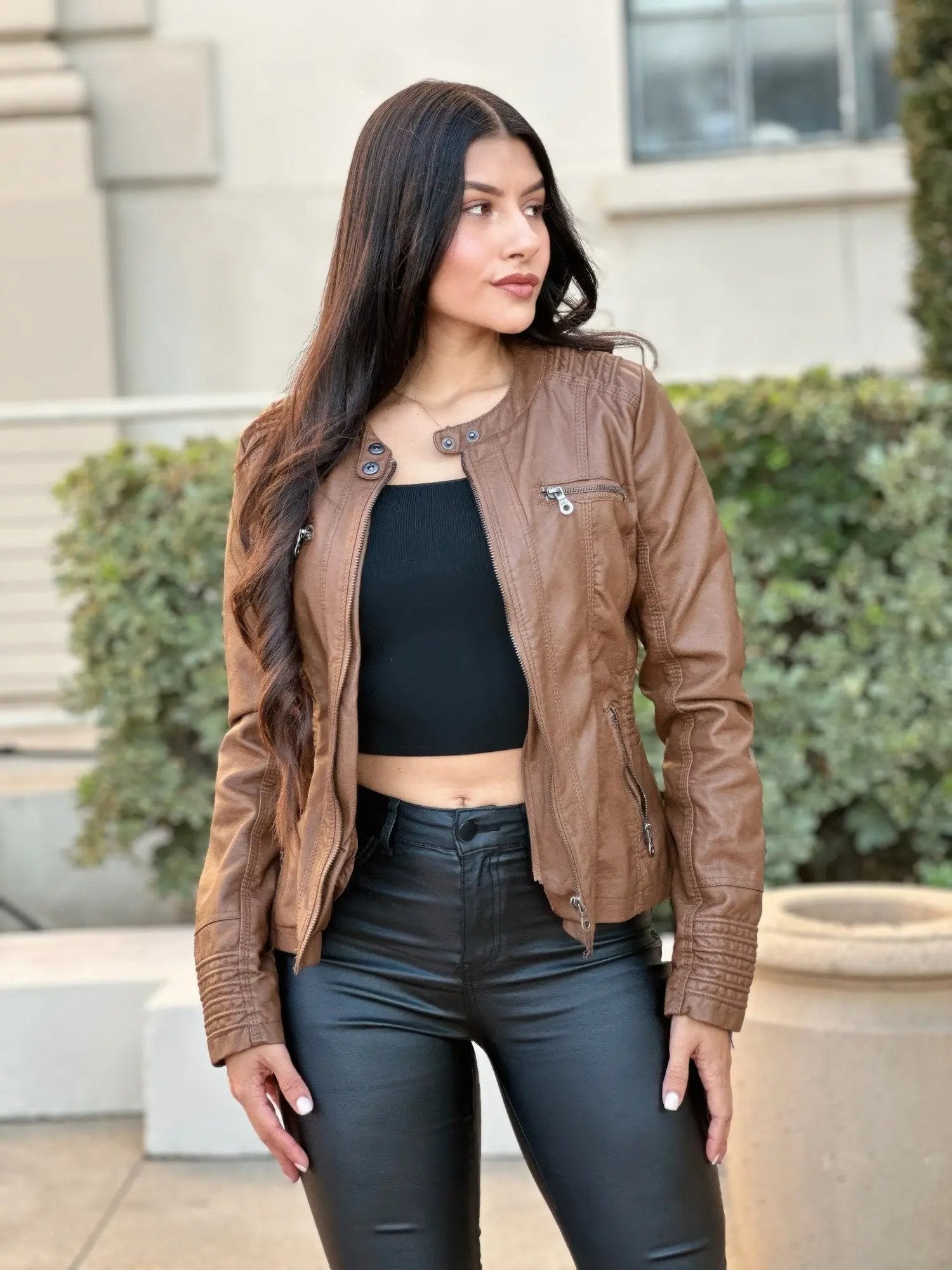 Woman Fashion Hooded Faux Leather Jacket - DressAffection