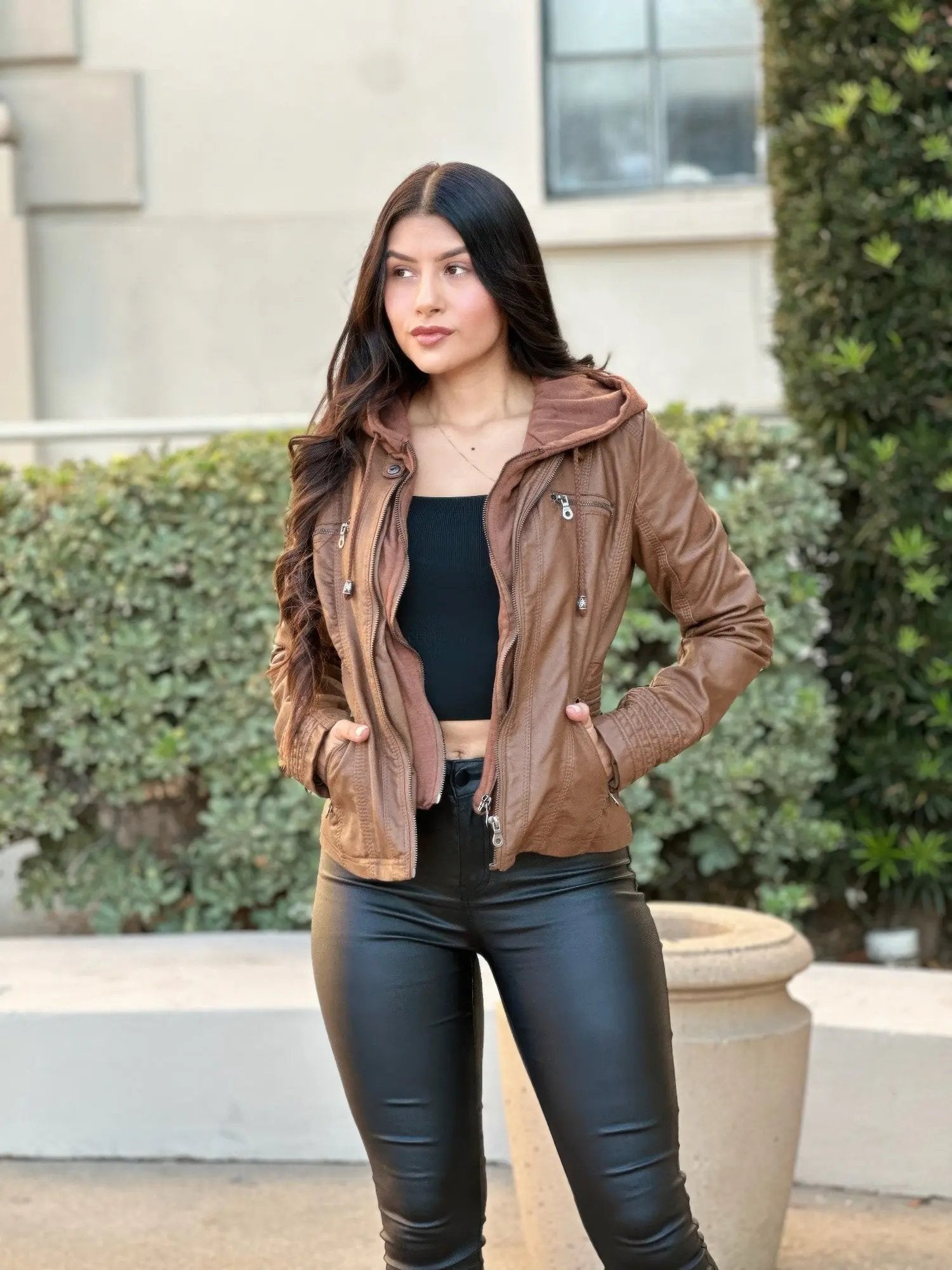 Woman Fashion Hooded Faux Leather Jacket - DressAffection