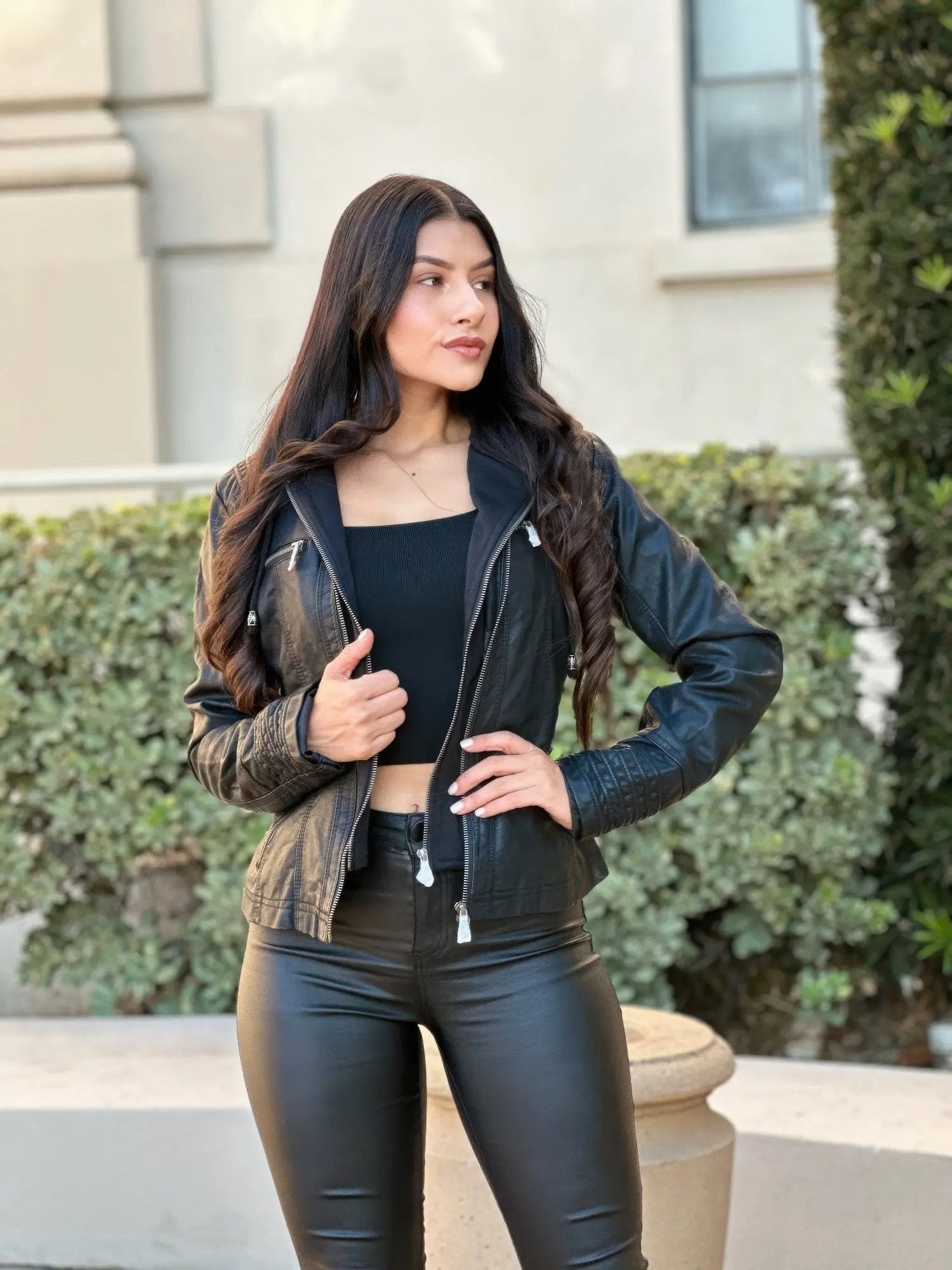 Woman Fashion Hooded Faux Leather Jacket - DressAffection