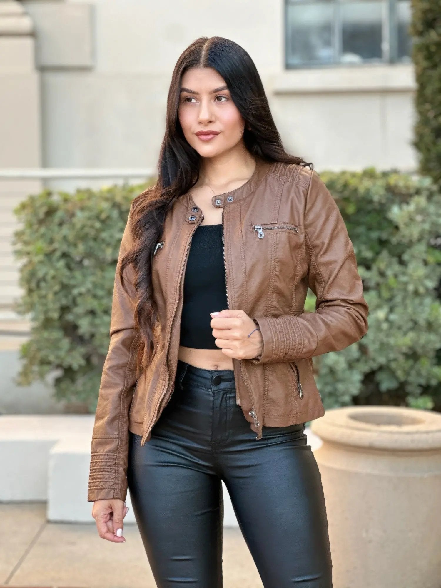 Woman Fashion Hooded Faux Leather Jacket - DressAffection