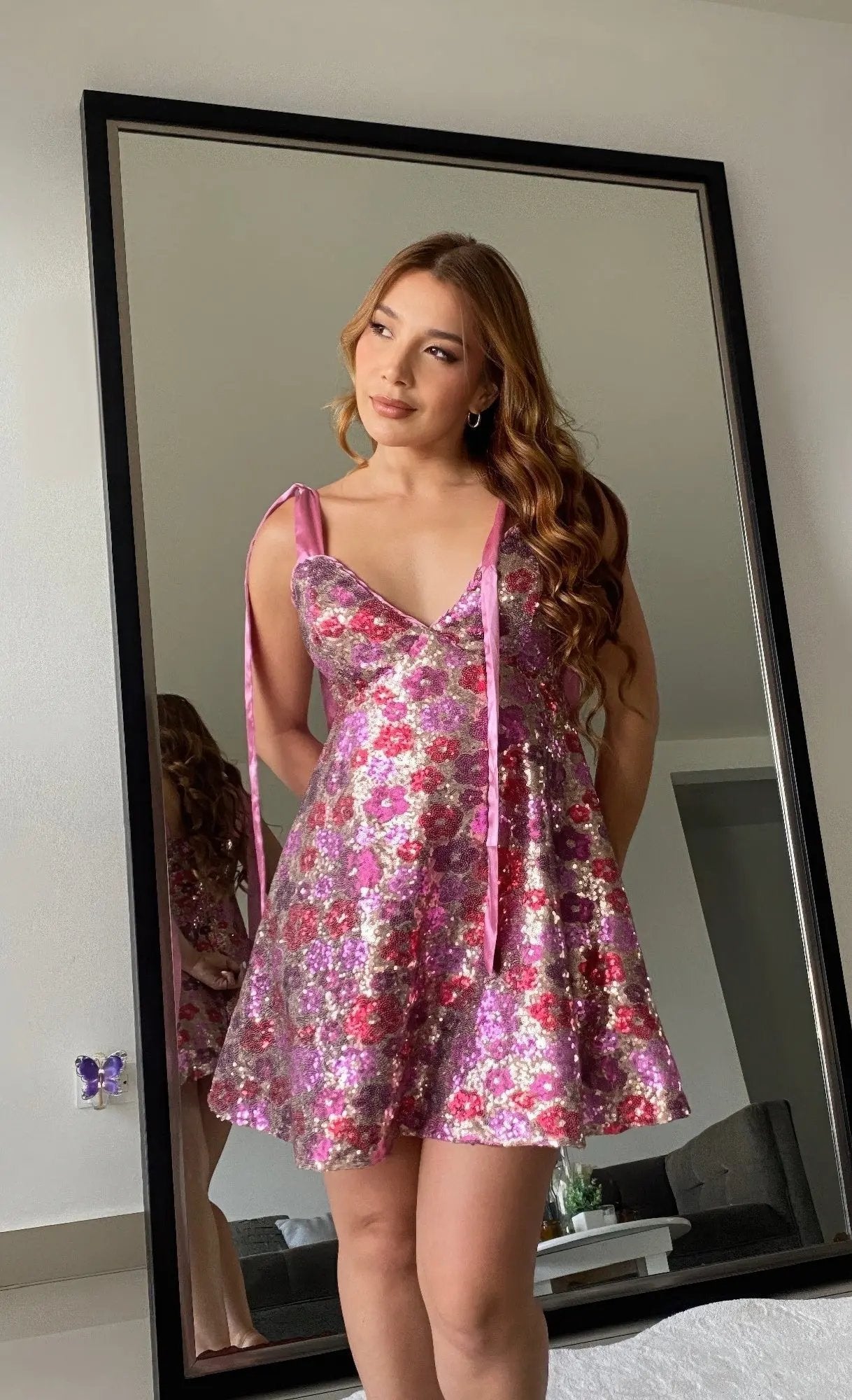 Women's Sequin Floral Mini Dress    Ties On Shoulders - DressAffection