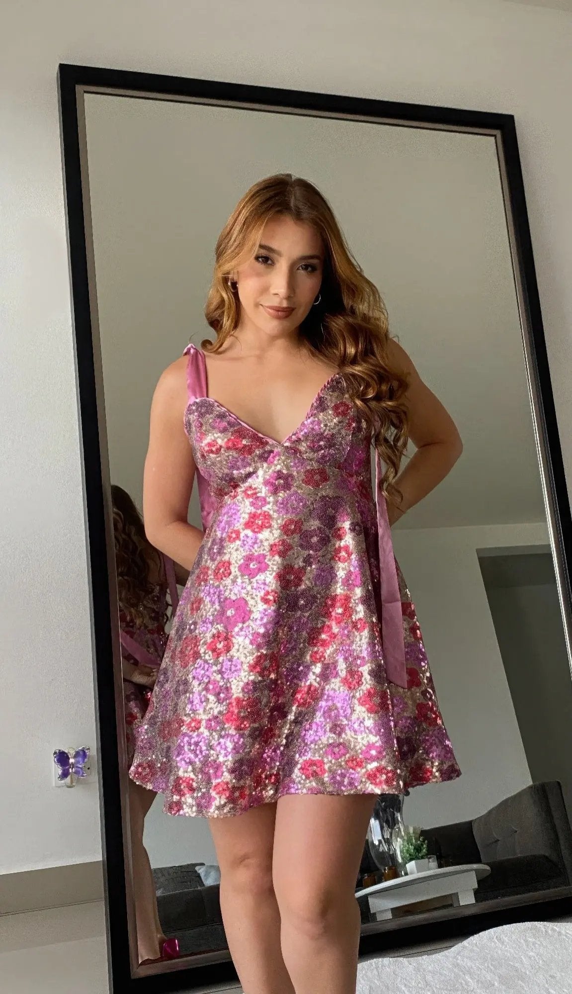 Women's Sequin Floral Mini Dress    Ties On Shoulders - DressAffection